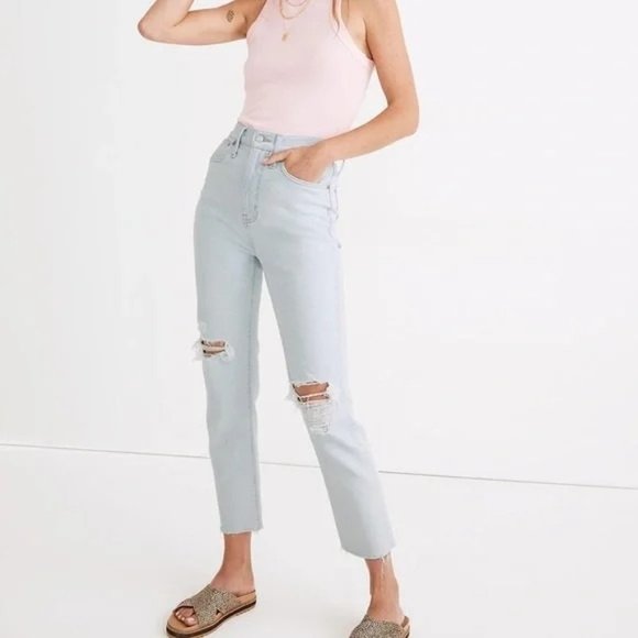 Madewell Denim - Madewell The Momjean Harman Wash High Rise Raw Hem Light Blue Distressed 28